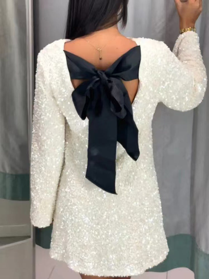 Damen Glamouröses Mini-Kleid mit glitzernden Pailletten und eleganten Puffärmeln Drune