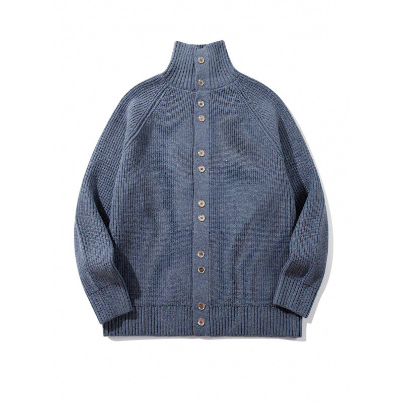 Herren grobgestrickter Knopfcardigan mit hohem Rollkragen und Raglanärmeln Drune