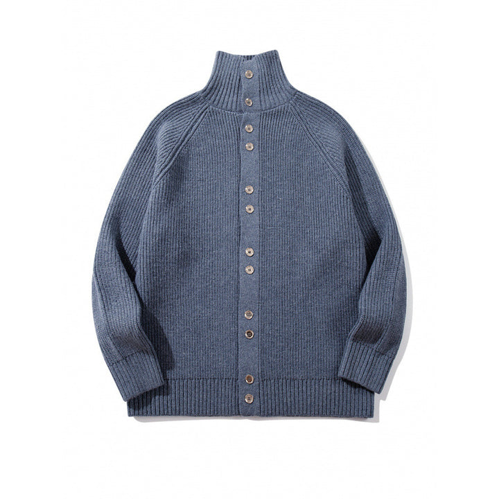 Herren grobgestrickter Knopfcardigan mit hohem Rollkragen und Raglanärmeln Drune