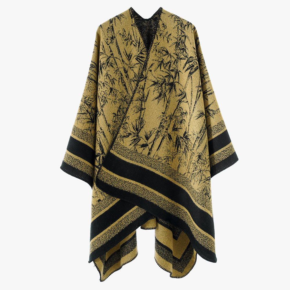 Damen Grobgewebter Jacquard-Capeponcho mit Bambusmotiv und asymmetrischem Zipfelsaum Drune