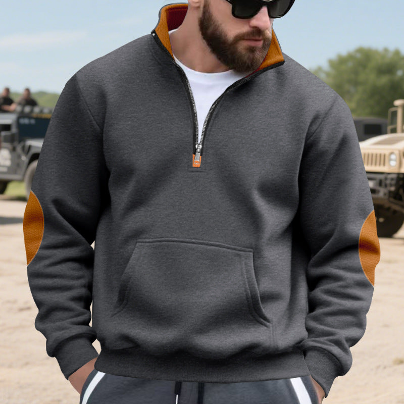 Herren nan isolierter Halbzip-Pullover mit Stehkragen Fleece-Innenfutter Kängurutasche und Wildleder-Ellenbogenpatches Drune