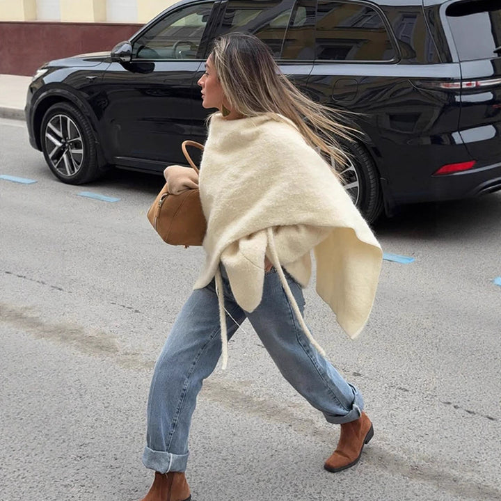 Damen Oversize Wollmix-Poncho mit asymmetrischem Fall und Bindebändern Drune