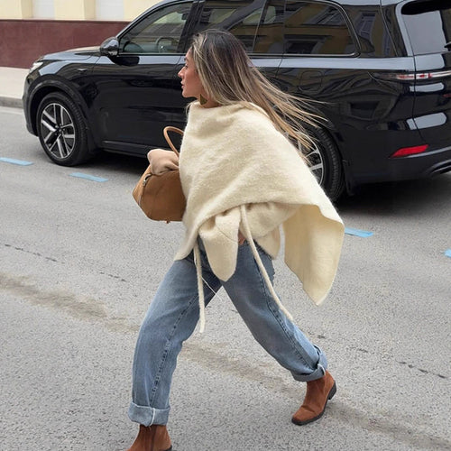 Damen Oversize Wollmix-Poncho mit asymmetrischem Fall und Bindebändern Drune