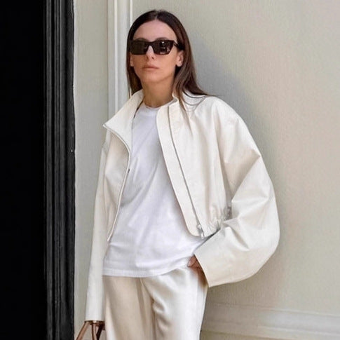 Damen Modische Kurzjacke mit hohem Kragen und voluminösen Ärmeln Drune