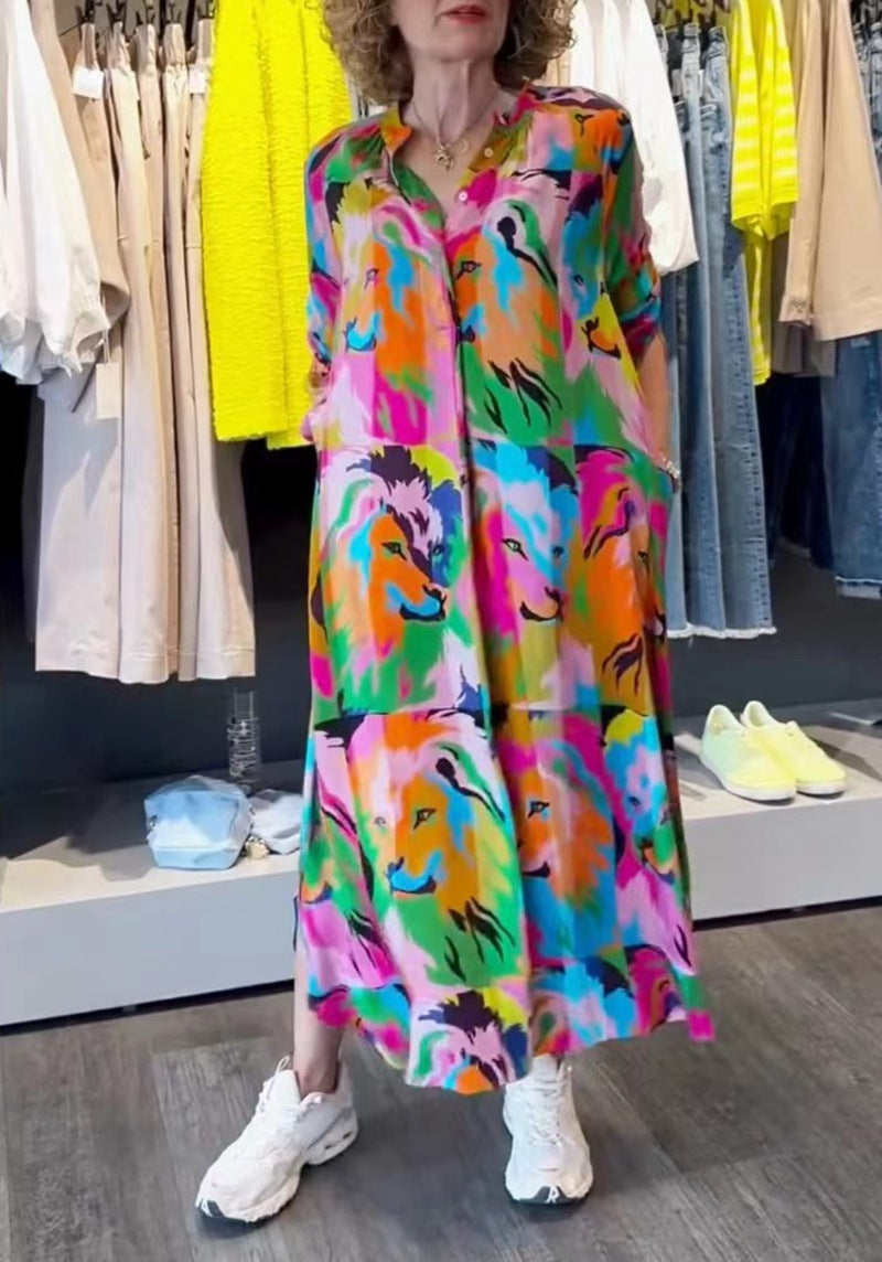 Damen nan Hemdblusen-Maxikleid mit Pop‑Art-Löwenprint, Knopfleiste und Eingrifftaschen Drune