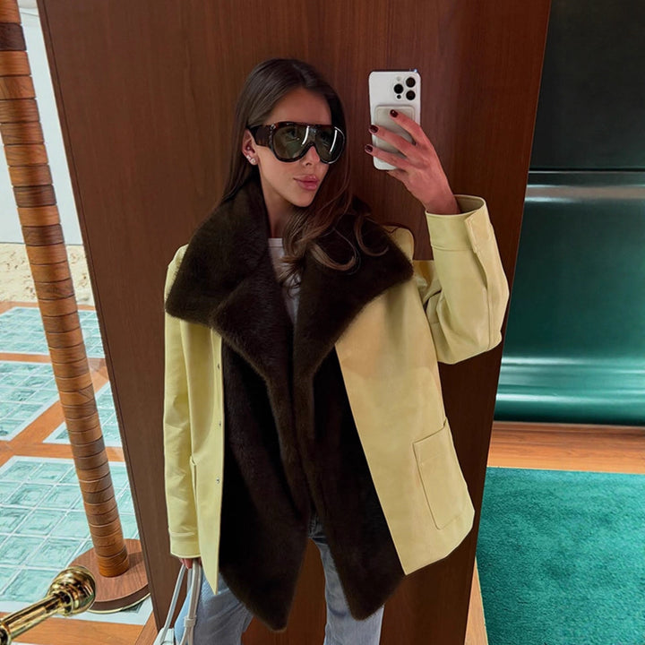 Damen Eleganter Oversize-Mantel aus Veloursleder‑Optik mit voluminösem Faux‑Fur‑Schalkragen Drune