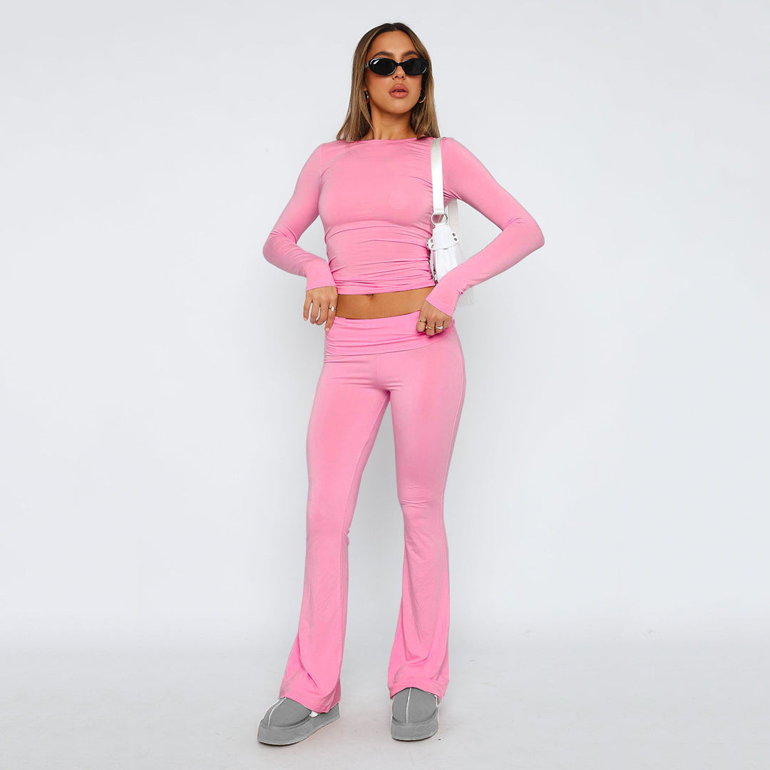 Damen Stretch Lounge Set mit kurzärmligem Oberteil und weit geschnittenen High-Waist-Hosen Drune