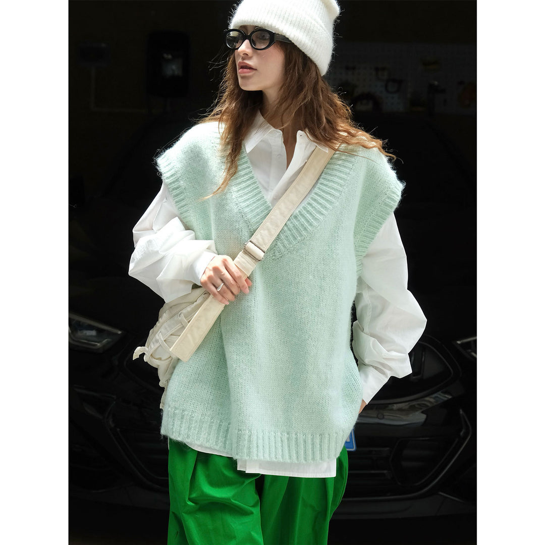 Damen Weite Flauschige V‑Neck Strickweste im Mohair‑Look Drune