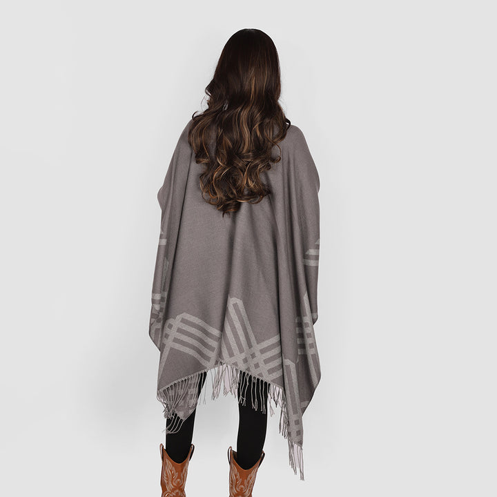 Damen Oversize-Kimono-Poncho aus Wollmix mit grafischem Raster-Jacquard und Fransensaum Drune