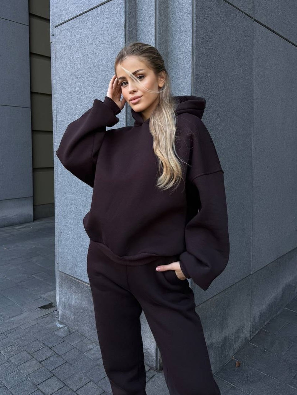 Damen Oversized-Fleece-Sweatset mit Kapuze und konisch zulaufender Jogginghose Drune