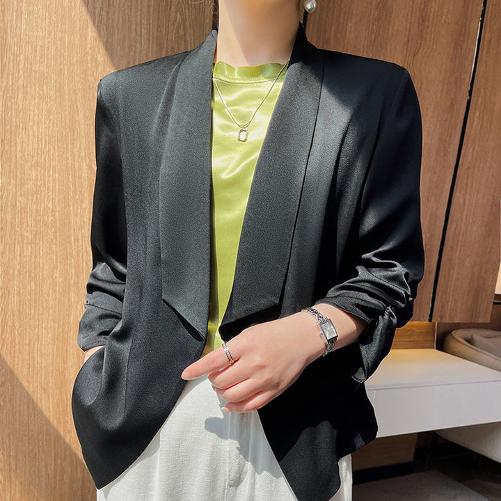 Damen Schalkragen-Blazer mit Satinbesatz, offener Front und legerer Kurzform Drune