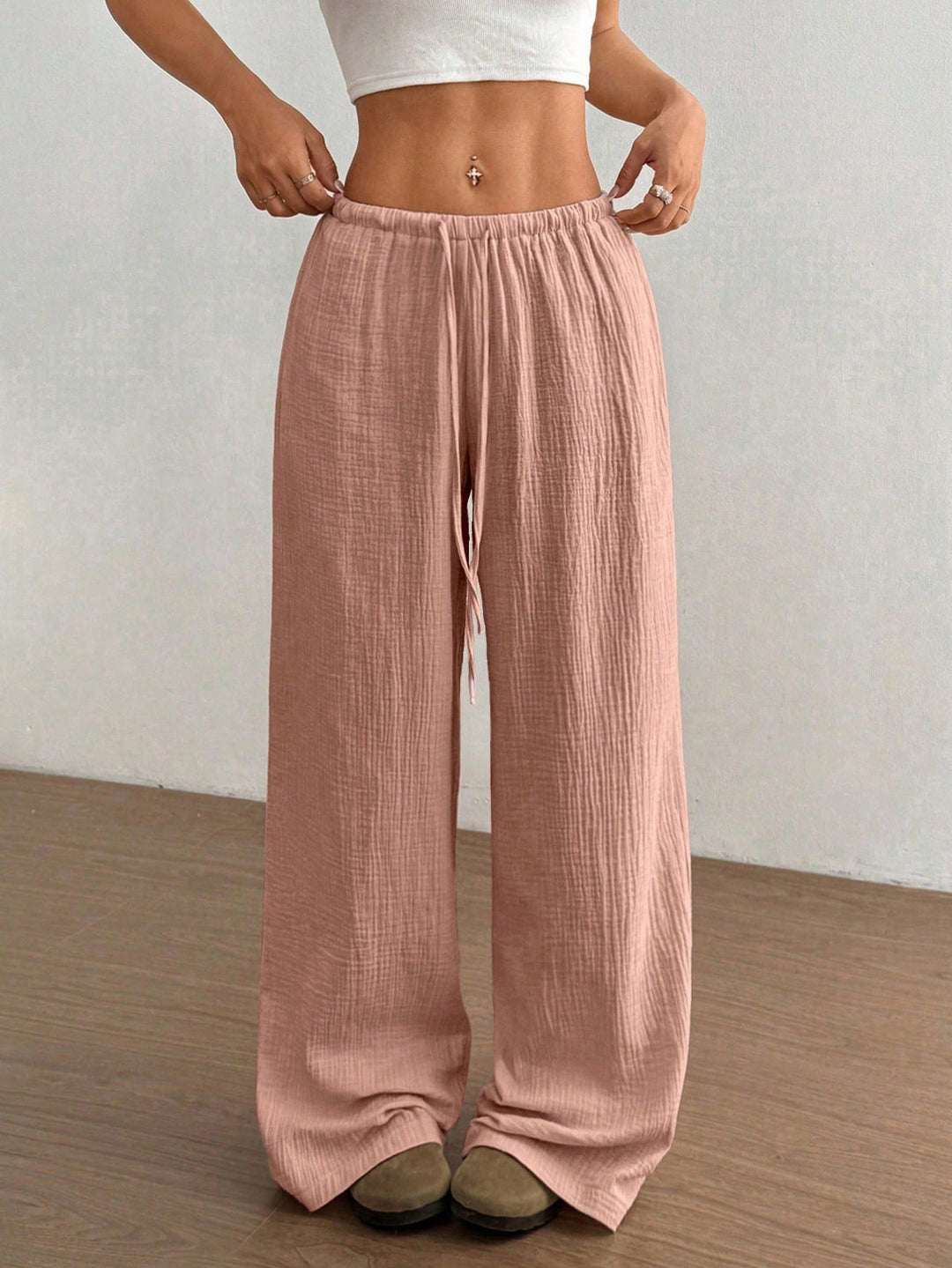 Damen Weite Baumwoll-Gauze-Hose mit hohem Bund, Gummizug und Kordelzug Drune