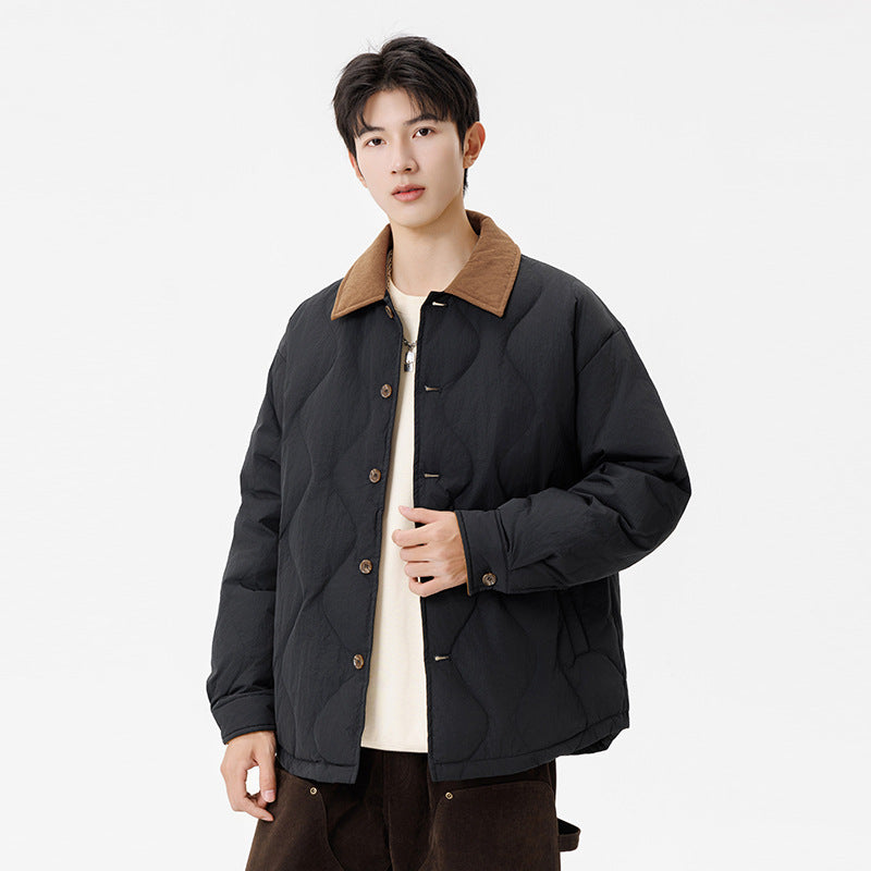 Herren Wattierte Steppjacke mit Cordkragen und Knopfleiste Drune