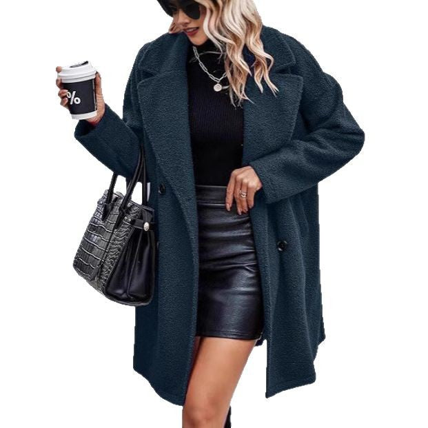 Damen Oversize Teddy-Mantel mit Reverskragen und Double-Breasted-Schnitt Drune