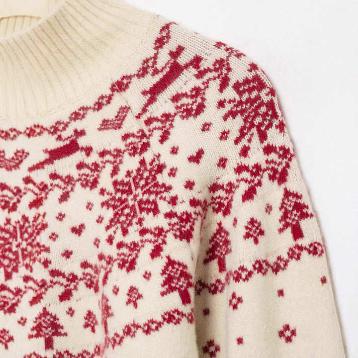 Damen kurzer Norwegerstrickpullover mit hohem Rippkragen und Rentiermotiv Drune