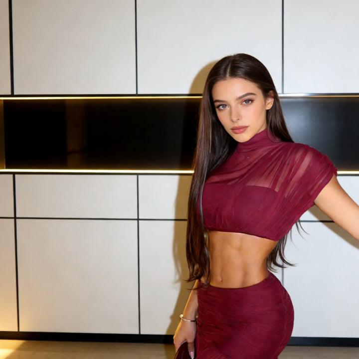 Damen Kurzärmliges Crop-Top mit gerafftem Design und elegantem Stehkragen Drune