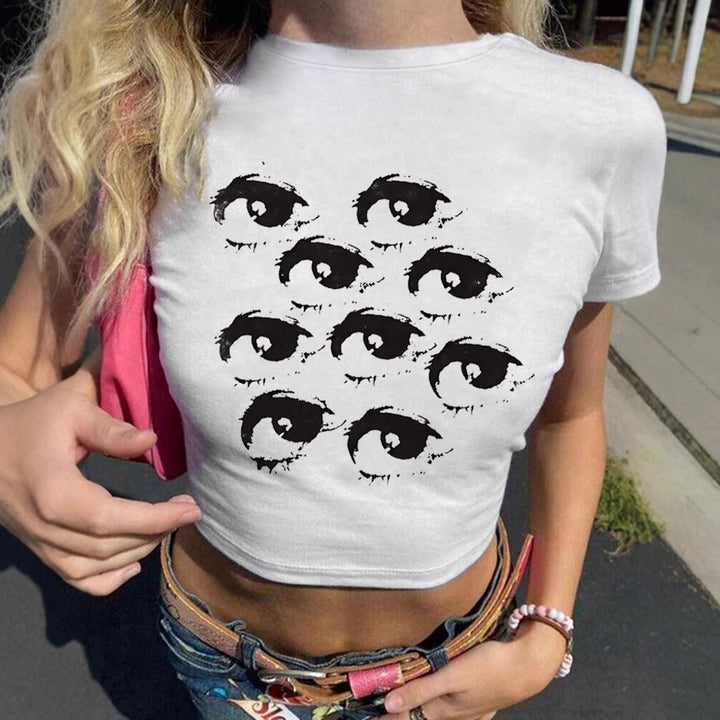Damen Crop-T-Shirt mit kreativem Augenmotiv Drune