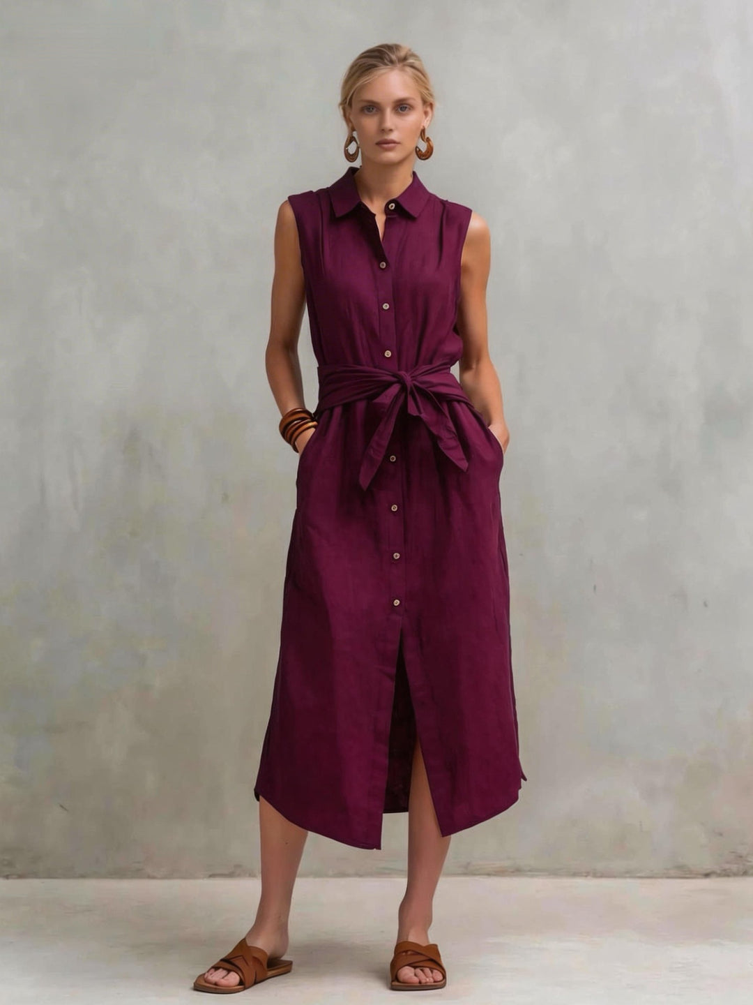 Damen Ärmelloses Hemdblusenkleid mit Wickelbund und Eingrifftaschen
