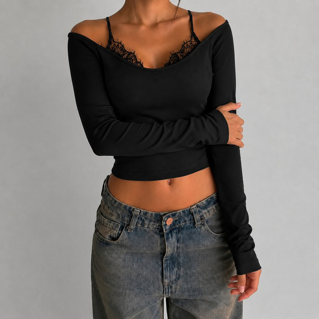 Damen Schulterfreies Langarm-Cami mit zarter Spitzen-Innenschicht und verstellbaren Spaghettiträgern Drune