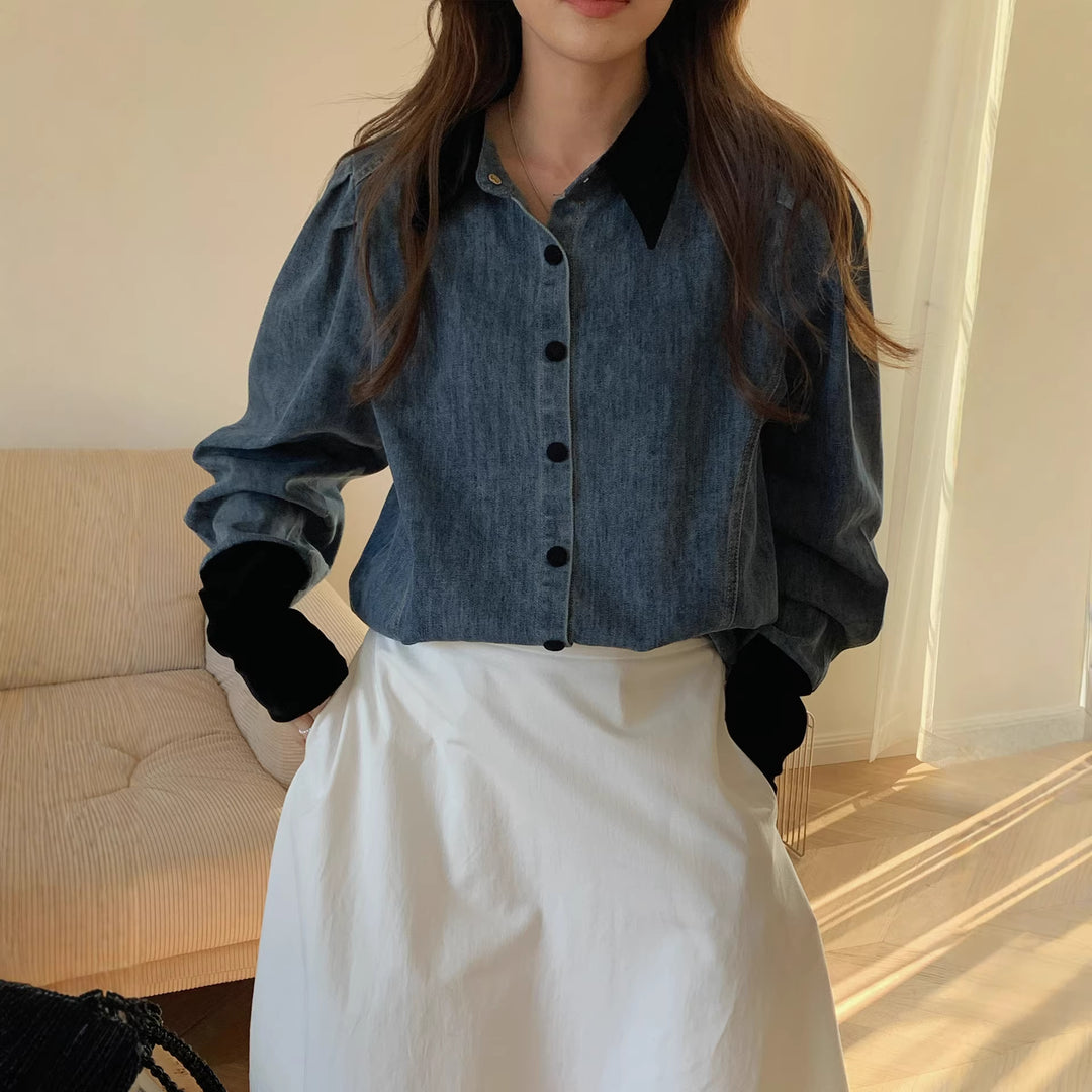 Damen Denimbluse mit Elegantem Kragen Drune