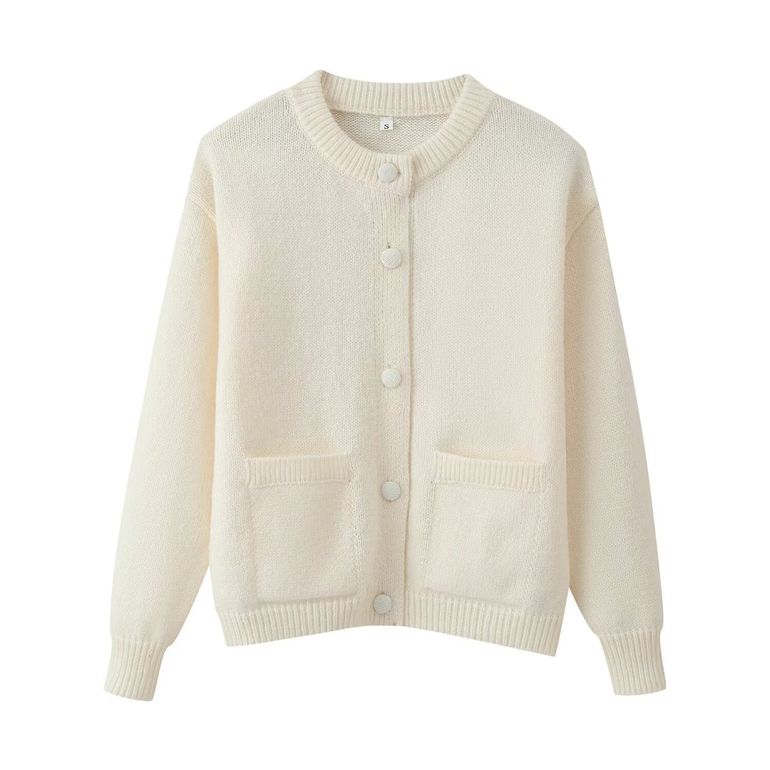 Damen 200+ Oversize Strickcardigan mit Rundhalsausschnitt, bezogenen Knöpfen und aufgesetzten Taschen Drune