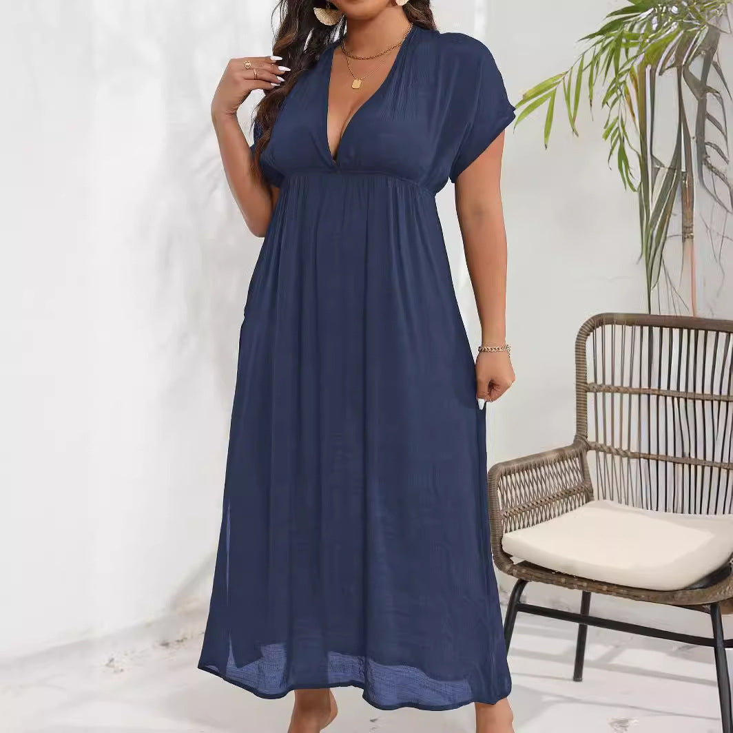 Damen luftiges Maxikleid mit tiefem V-Ausschnitt und seitlichen Schlitzen Drune