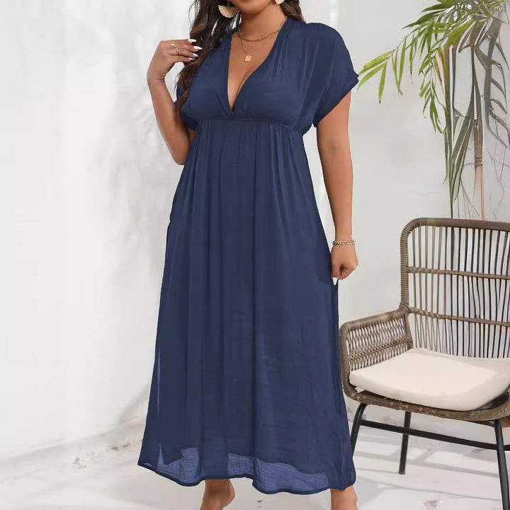 Damen luftiges Maxikleid mit tiefem V-Ausschnitt und seitlichen Schlitzen Drune