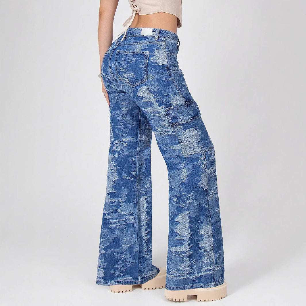 Damen Cargo-Flared-Jeans mit Camouflage-Waschung Drune