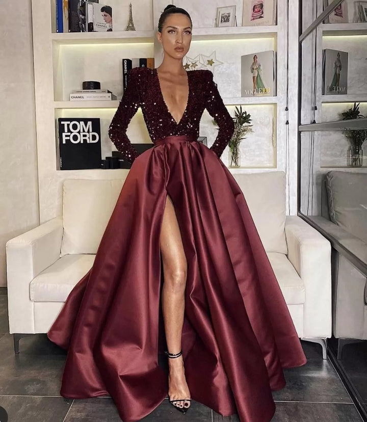 Damen Glamouröses Abendkleid mit tiefem V-Ausschnitt und hochgeschnittenem Rock Drune