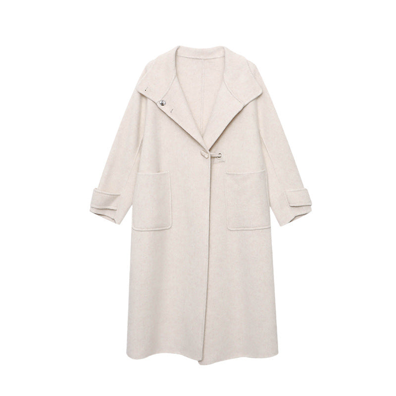 Damen eleganter Wollmantel mit hohem Kragen und dekorativen Knopfdetails Drune