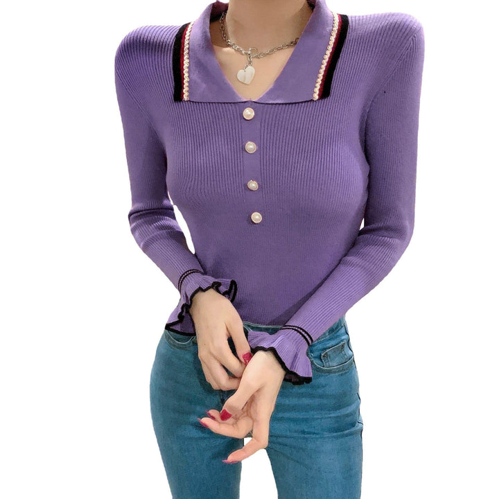 Damen Elegantes Strickoberteil mit modischem Kragen Drune