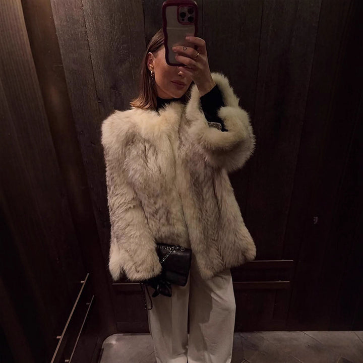 Damen Boxy-Kunstpelzjacke mit strukturierter Shag‑Optik und voluminösem Schalkragen Drune