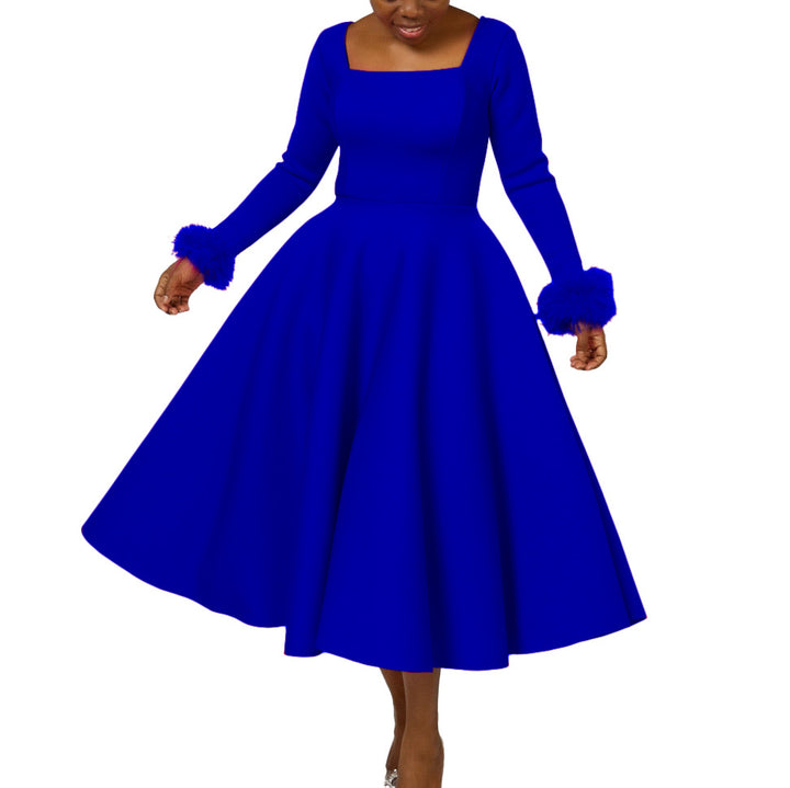 Damen Kleid mit quadratischem Ausschnitt und modischen Fuchsfell-Ärmeln Drune