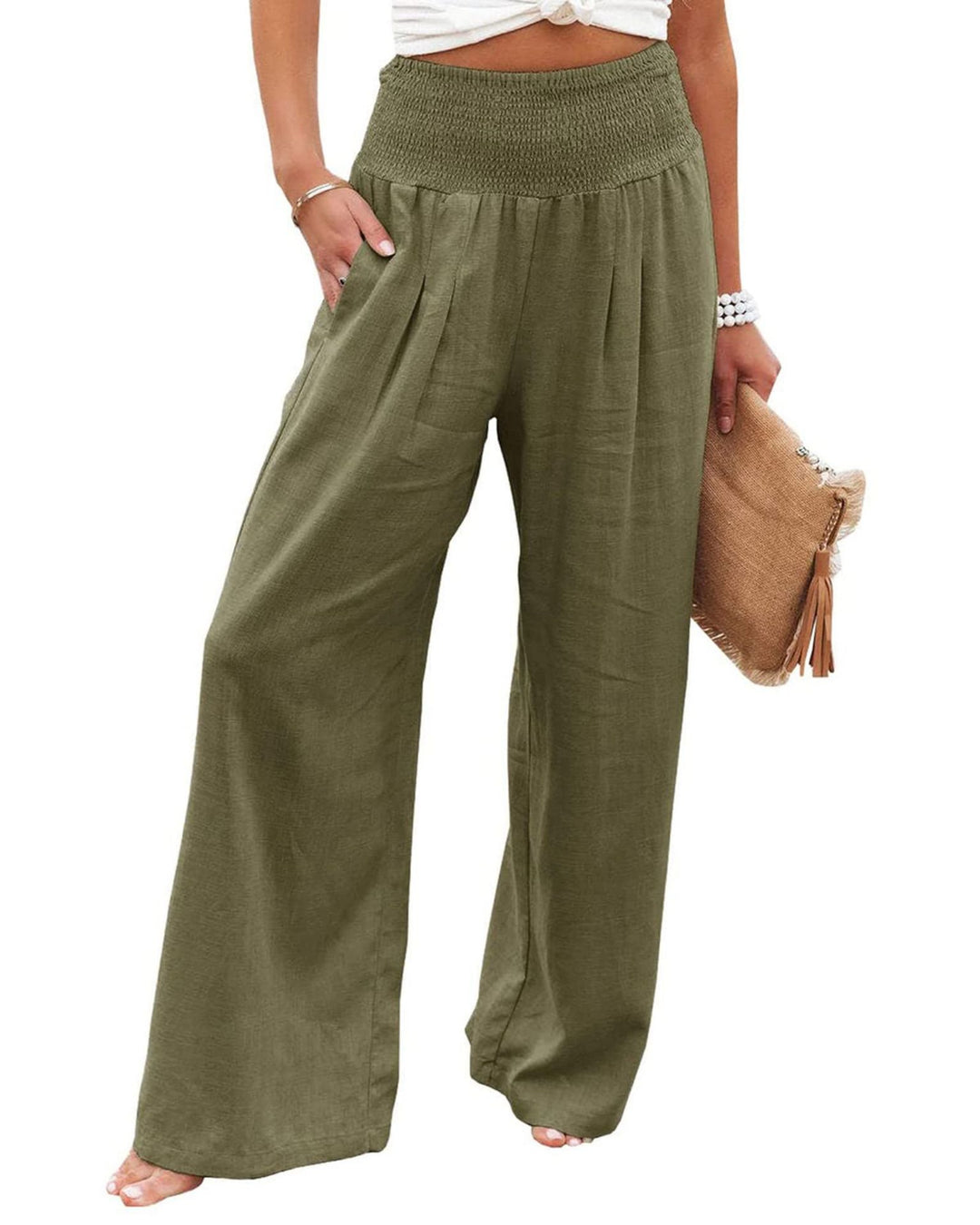 Damen Weite Leinenhose mit elastischem Bund und Falten Drune