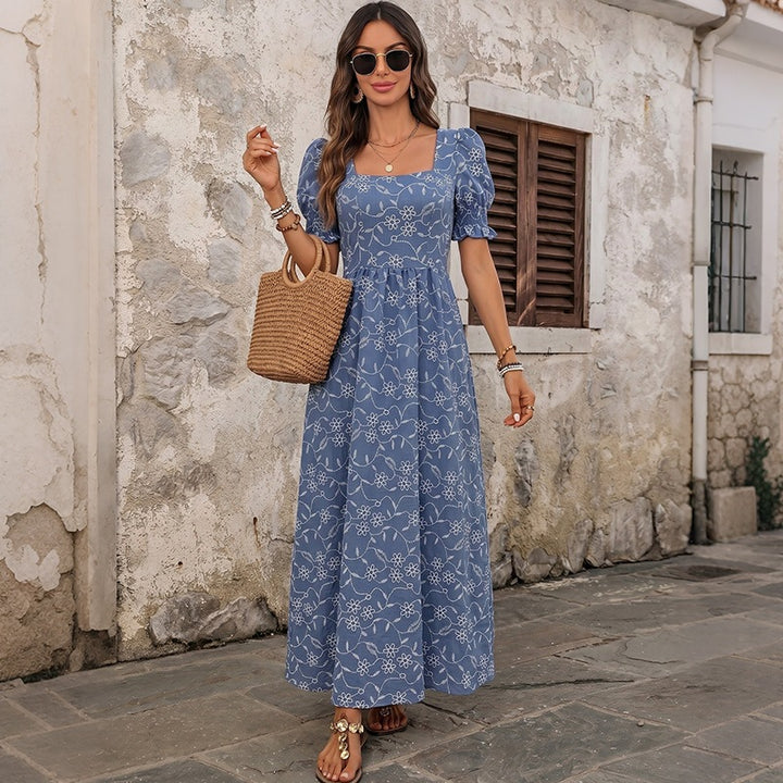 Damen Langes Leichtes Sommer-Maxikleid mit quadratischem Ausschnitt, Puffärmeln und floraler Stickoptik Drune