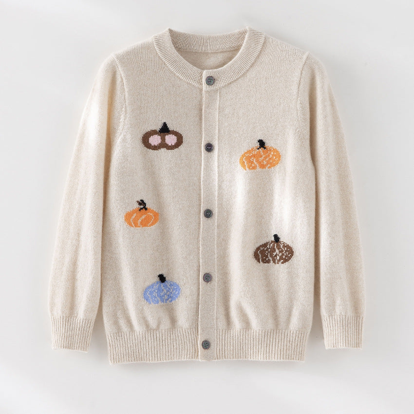 Damen Strickjacke mit Intarsia-Kürbismotiven, Rundhalsausschnitt und Knopfleiste Drune
