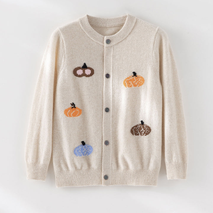 Damen Strickjacke mit Intarsia-Kürbismotiven, Rundhalsausschnitt und Knopfleiste Drune