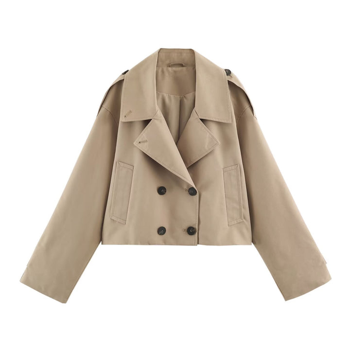 Damen Kurzblouson im Trenchstil mit kastiger Silhouette und doppelreihiger Knopfleiste Drune