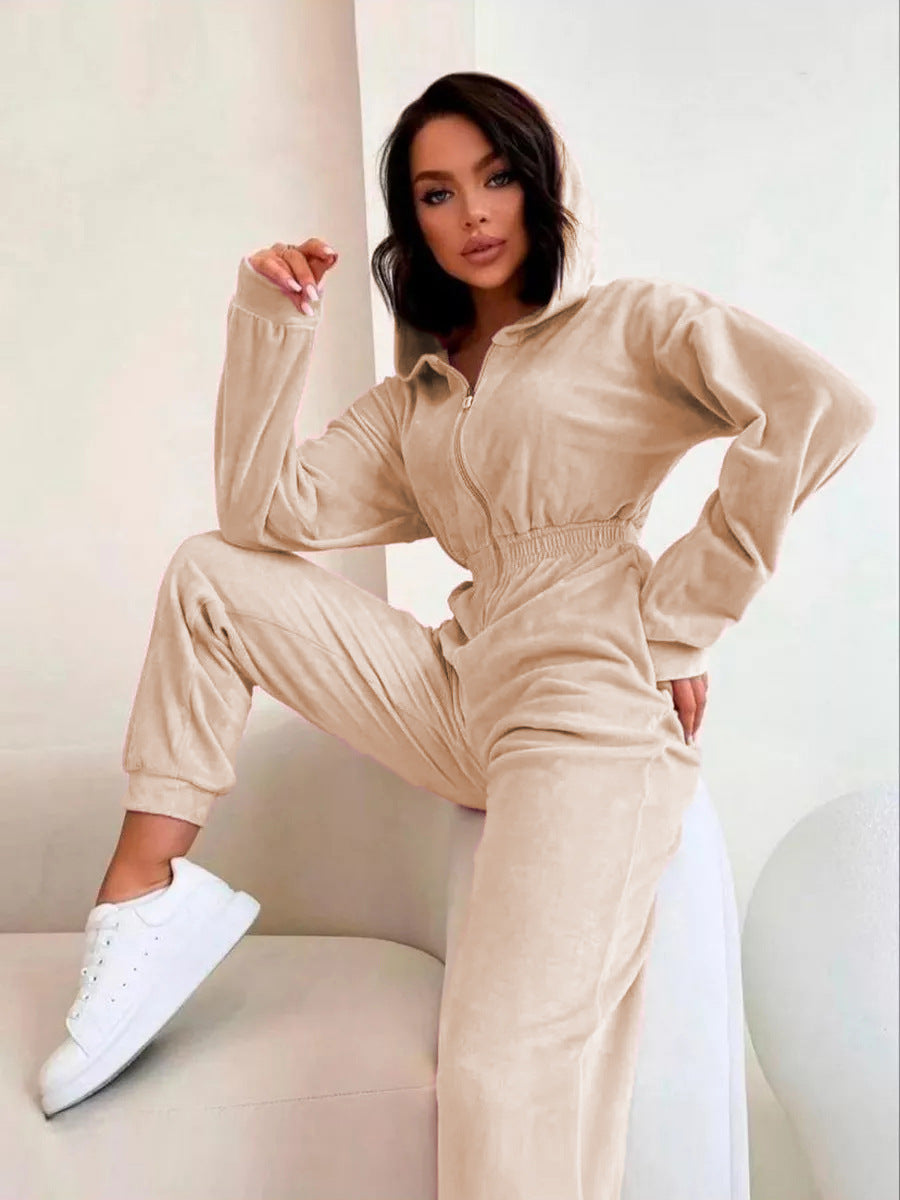Damen sportlicher Fleece-Jumpsuit mit durchgehendem Reißverschluss Drune