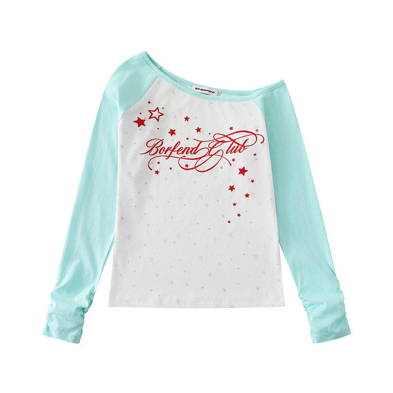 Damen Raglan-Langarmshirt mit U-Boot-Ausschnitt, Sternen-Print und gerafften Ärmeln Drune
