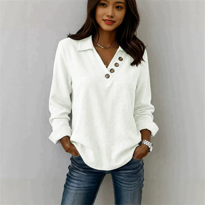 Damen Lässiges V-Ausschnitt-Blusenshirt mit Hemdkragen und asymmetrischer Zierknopfleiste Drune