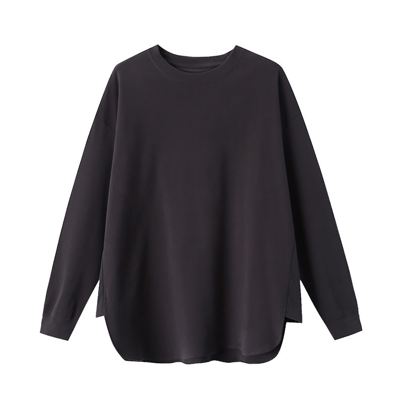 Damen lässiges Langarmshirt mit Rundhalsausschnitt und seitlichen Schlitzen Drune