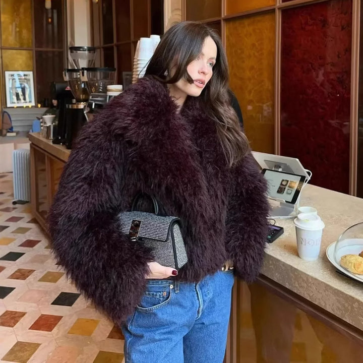Damen nan kurz geschnittener Kunstfell-Blouson mit vollem Flor und Schalkragen Drune