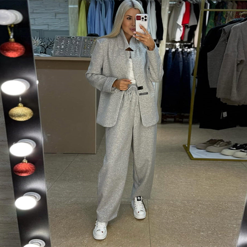 Damen lässige Sweater-Blazer-Kombination mit weit geschnittenen Hosen Drune