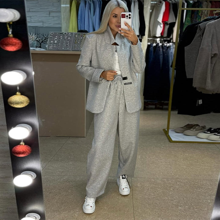 Damen lässige Sweater-Blazer-Kombination mit weit geschnittenen Hosen Drune