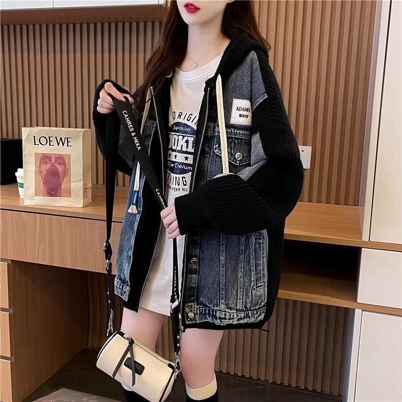 Damen Oversized Denim-Jacke mit Strickelementen Drune