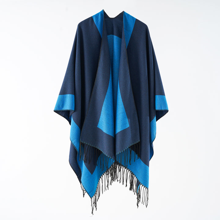Damen Oversize-wendbarer Capeponcho aus Wollmix mit Fransen Drune