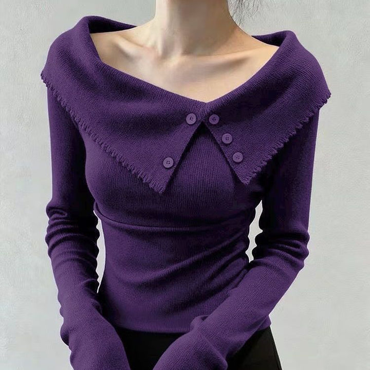 Damen Eleganter Pullover mit weitem Kragen und Knopfdetails Drune
