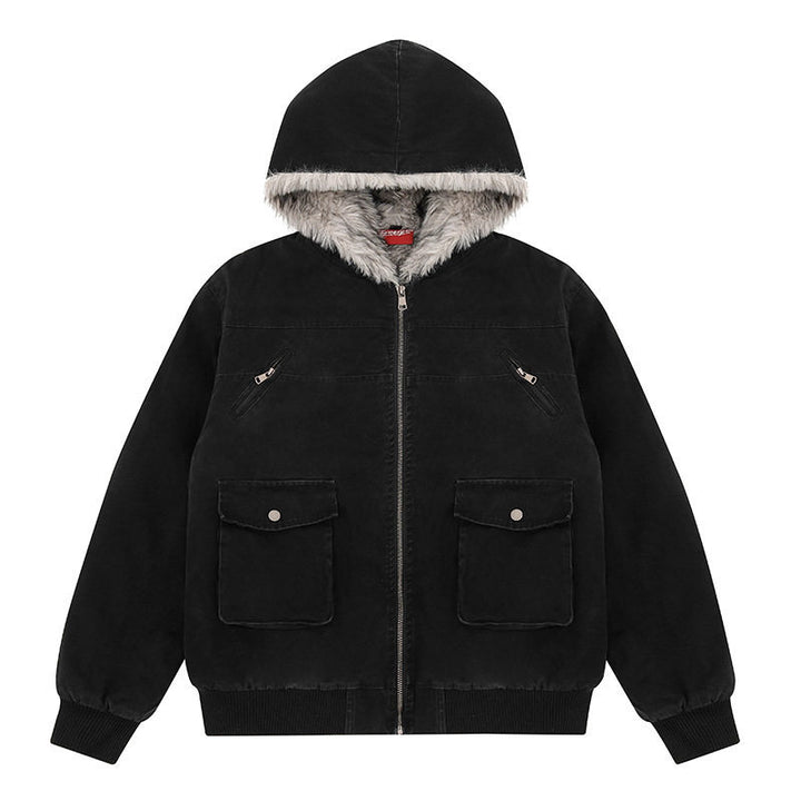 Damen wattierte Kapuzenjacke mit kunstfellfutter, Cargo‑Taschen und elastischen Bündchen Drune