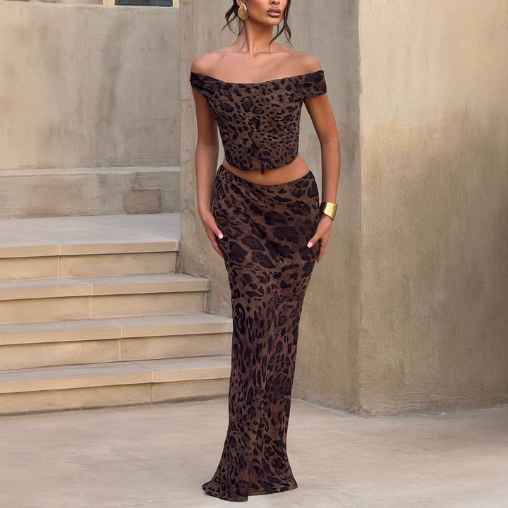 Damen Elegantes Maxikleid mit schulterfreiem Design und Leopardenmuster Drune